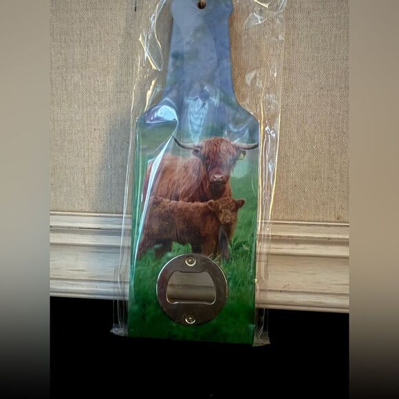 Highland Cow Handheld Bottle Opener and handmade Sheepskin Beer Huggie - NWOT - Picture 2 of 8